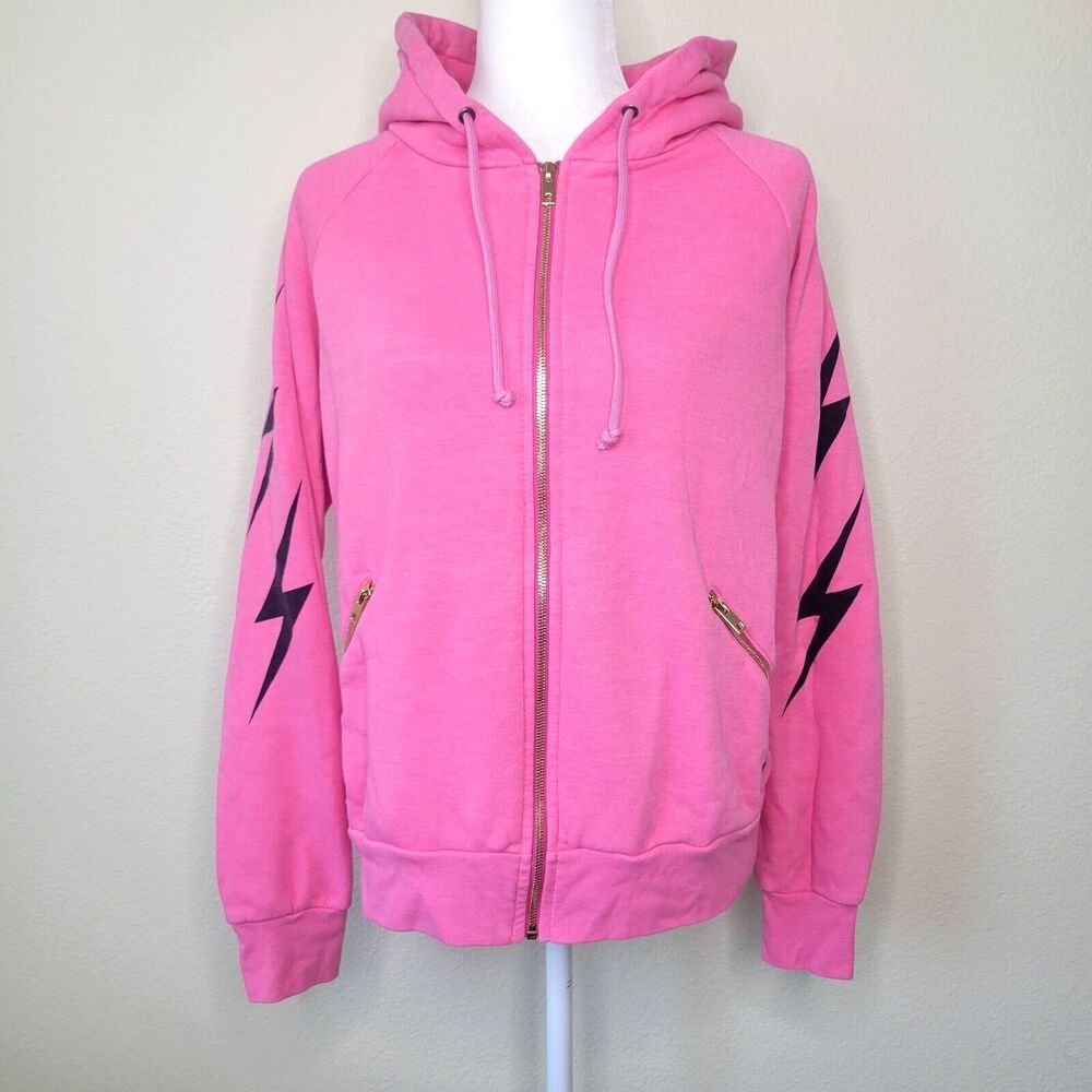 Aviator Nation Bolt Zip Hoodie Paris Pink Relaxed Medium Bolt sleeves gold zip